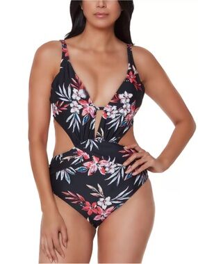 Bar III Black Floral Cutout One-Piece Swimsuit